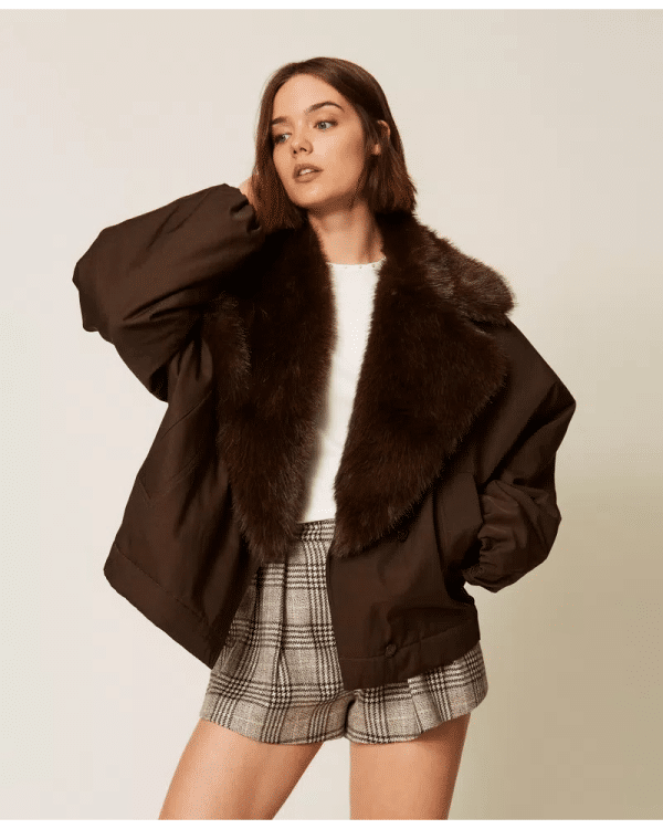 New Collection TWINSET GABARDINE JACKET WITH FAUX FUR COLLAR