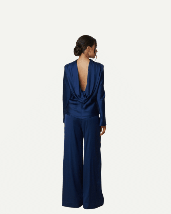 New Collection CKONTOVA BLUE SLEEK DRAPPING BLOUSE & SATIN PANTS