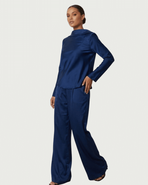 New Collection CKONTOVA BLUE SLEEK DRAPPING BLOUSE & SATIN PANTS