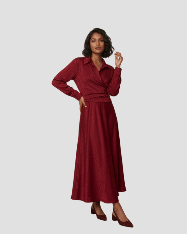 New Collection CKONTOVA BORDEAUX SLINKY WRAP SHIRT &  SATIN MIDI SLINKY SKIRT