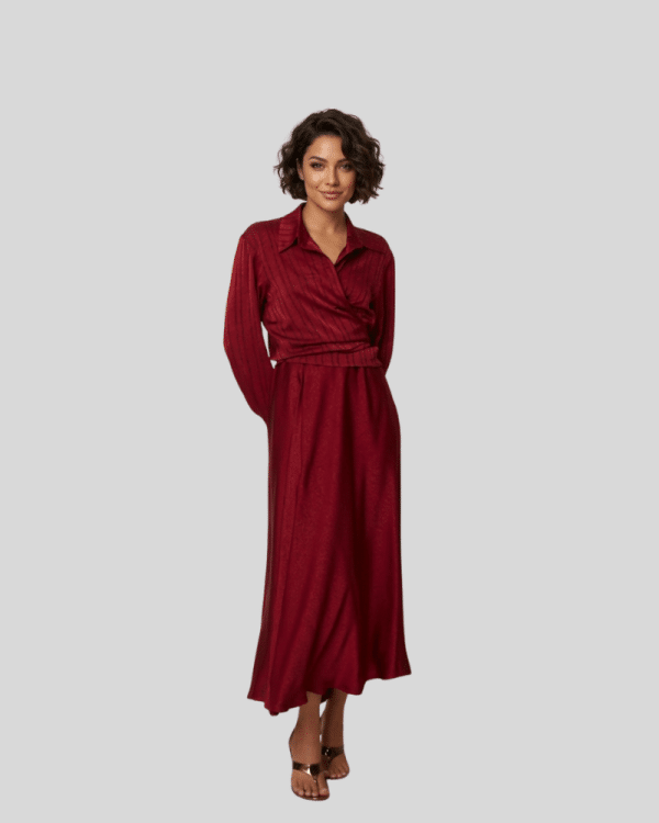 New Collection CKONTOVA BORDEAUX SLINKY WRAP SHIRT & SATIN MIDI SLINKY SKIRT