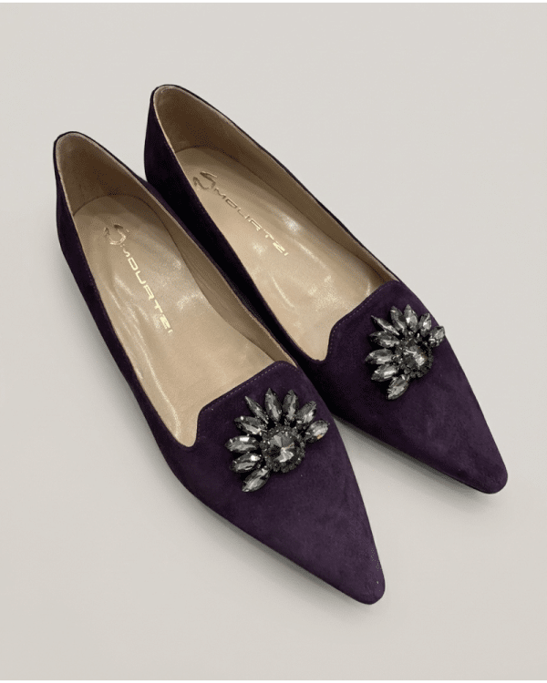 New Collection MOURTZI PURPLE SUEDE POINTED LOAFERS WITH CRYSTAL EMBELLISHMENT