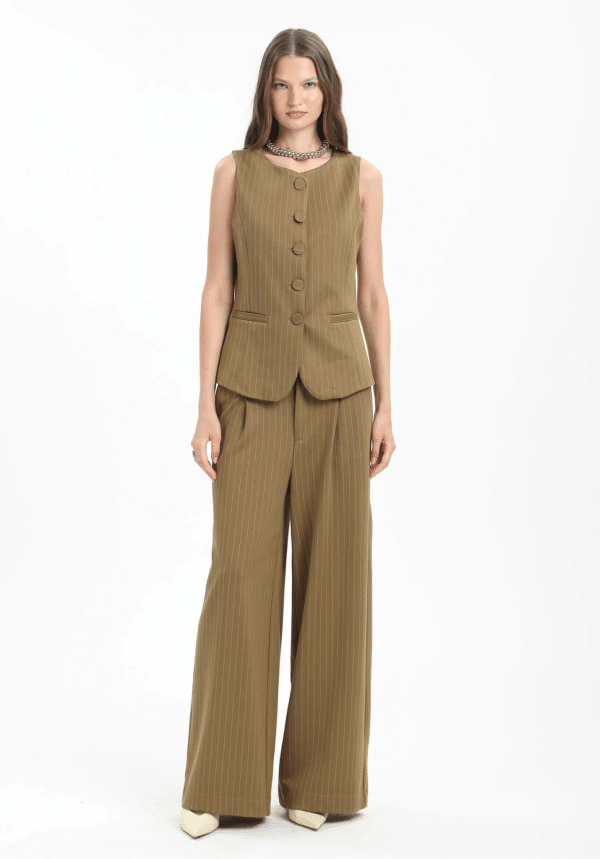 New Collection MY T OLIVE PRINSTRIPE WAISTCOAT & WIDE-LEG TROUSERS SET