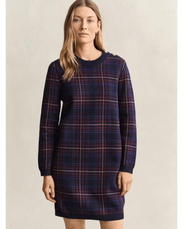 New Collection GANT DARK BLUE KNITTED MINI SHIRT DRESS