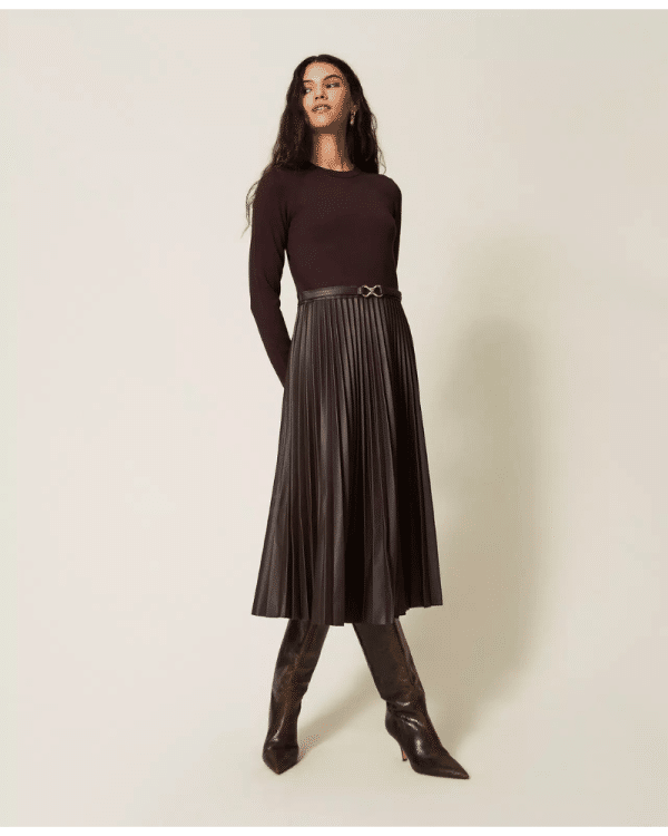 New Collection TWINSET LONG KNIT DRESS WITH LEATHER EFFECTS