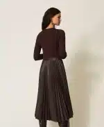 New Collection TWINSET LONG KNIT DRESS WITH LEATHER EFFECTS