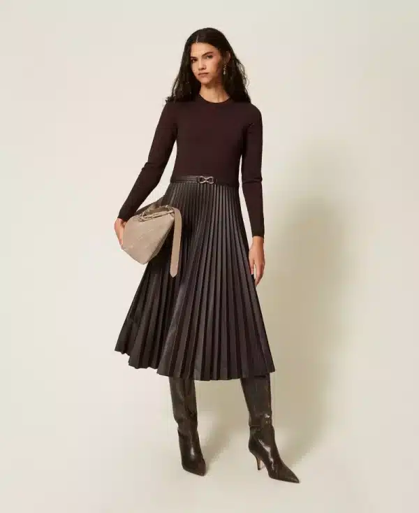 New Collection TWINSET LONG KNIT DRESS WITH LEATHER EFFECTS