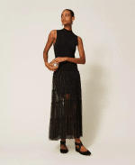New Collection TWINSET LONG SLEEVESS KNIT DRESS WITH PLUMETIS TULLE