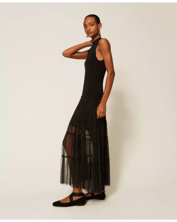 New Collection TWINSET LONG SLEEVESS KNIT DRESS WITH PLUMETIS TULLE